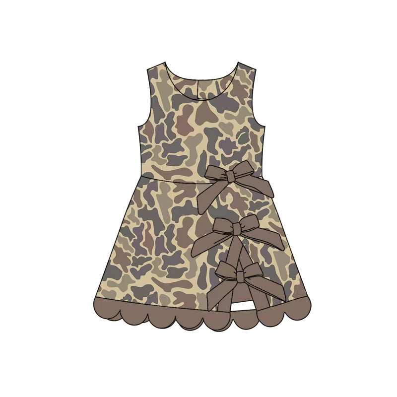 5.30 GSD4227 Preorder Brown Camo Girls Sleeveless Scallop Bows Yoga Dress
