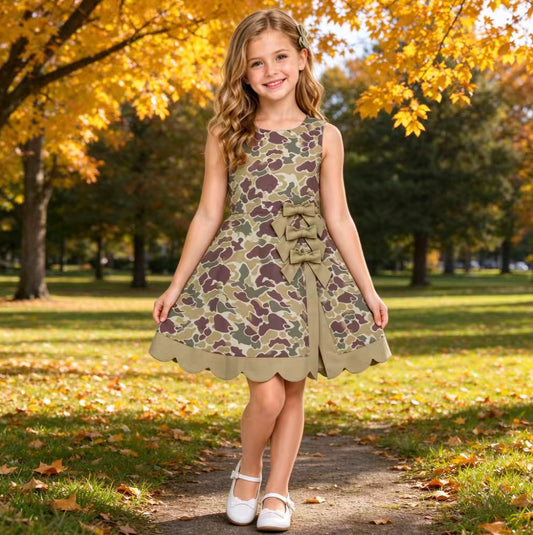 GSD4228 Khaki Camo Girls Sleeveless Scallop Bows Yoga Knee Length Dress