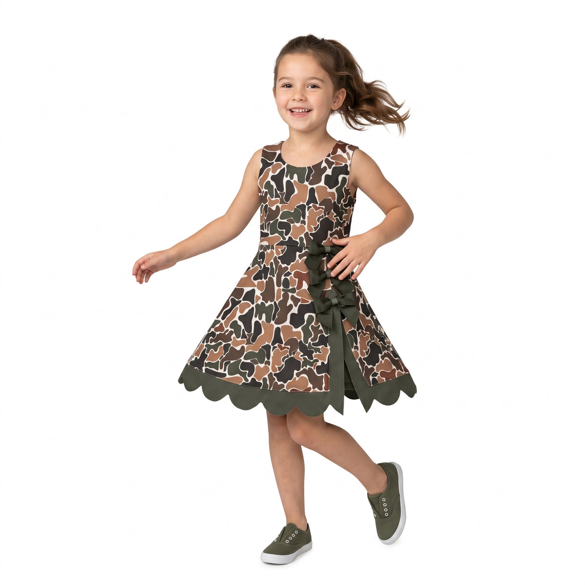 GSD4229 Dark Brown Camo Girls Sleeveless Scallop Bows Yoga Knee Length Dress