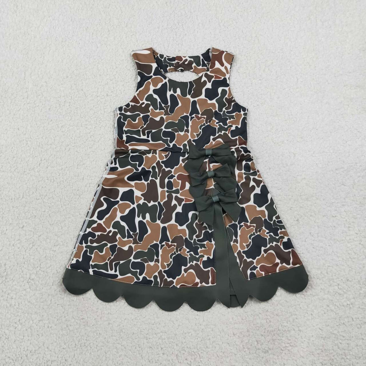 GSD4229 Dark Brown Camo Girls Sleeveless Scallop Bows Yoga Knee Length Dress
