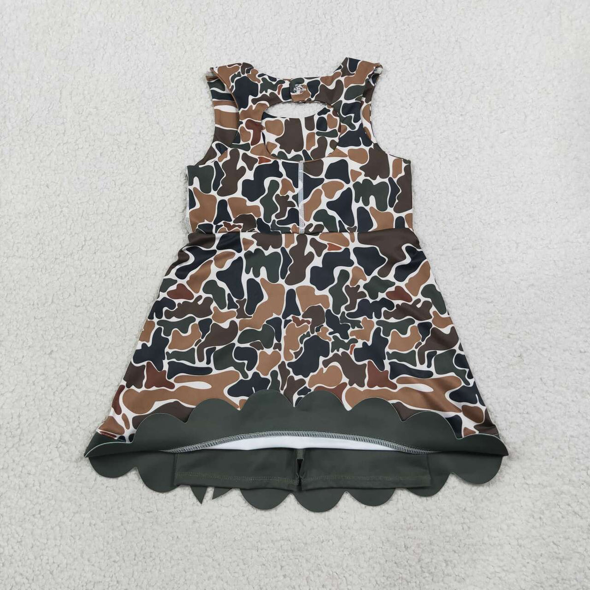 GSD4229 Dark Brown Camo Girls Sleeveless Scallop Bows Yoga Knee Length Dress