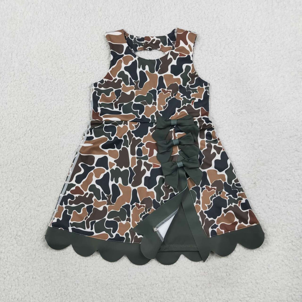 GSD4229 Dark Brown Camo Girls Sleeveless Scallop Bows Yoga Knee Length Dress
