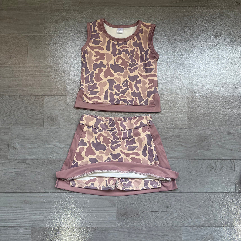 5.30 GSD4231 Preorder Brown Camo Vest Top Skirts Girls Yoga Clothes Set