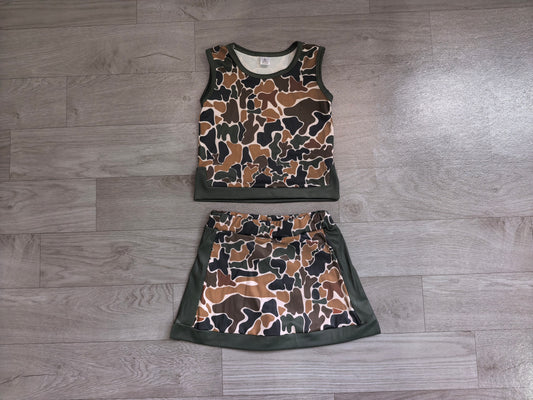 Preorder Dark Brown Camo Vest Top Skirts Girls Yoga Clothes Set