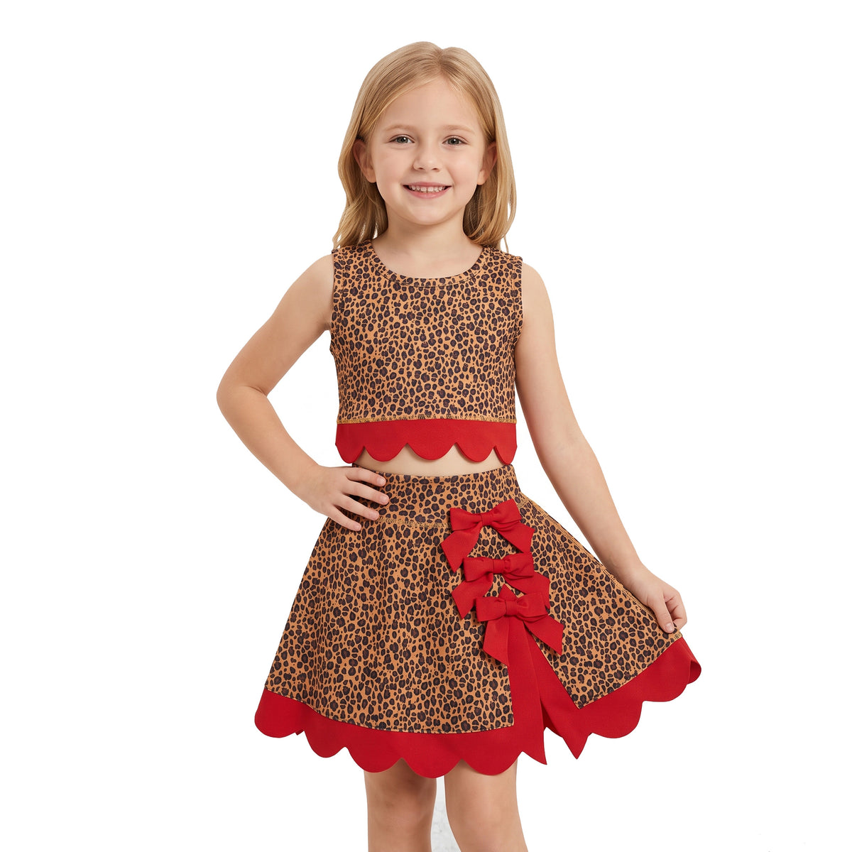 GSD4234 Leopard Red Bows Girls Summer Scallop Yoga Clothes Set