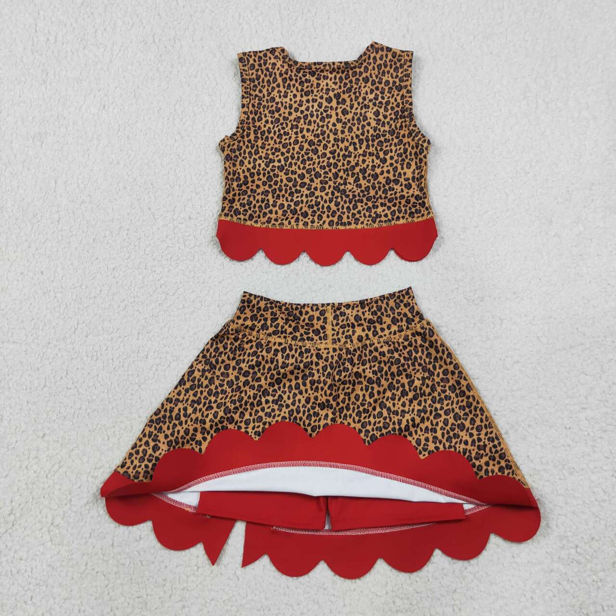 GSD4234 Leopard Red Bows Girls Summer Scallop Yoga Clothes Set