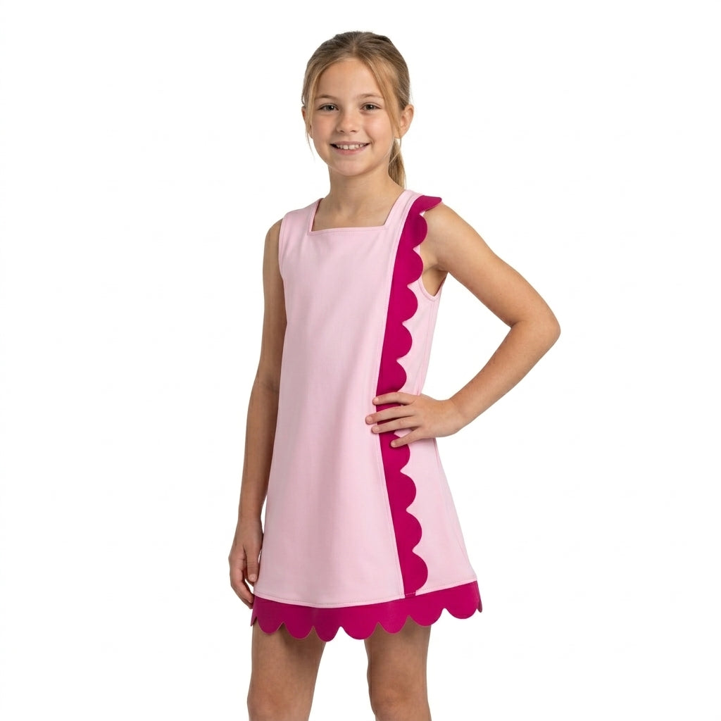 GSD4240 Pink Active Sleeveless Scalloped Zipper Girls Yoga Knee Length Dress