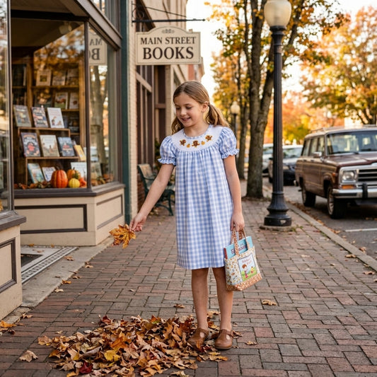 GSD4250 Turkey Pumpkin Embroidery Blue Plaid Print Girls Thanksgiving Smocked Dress