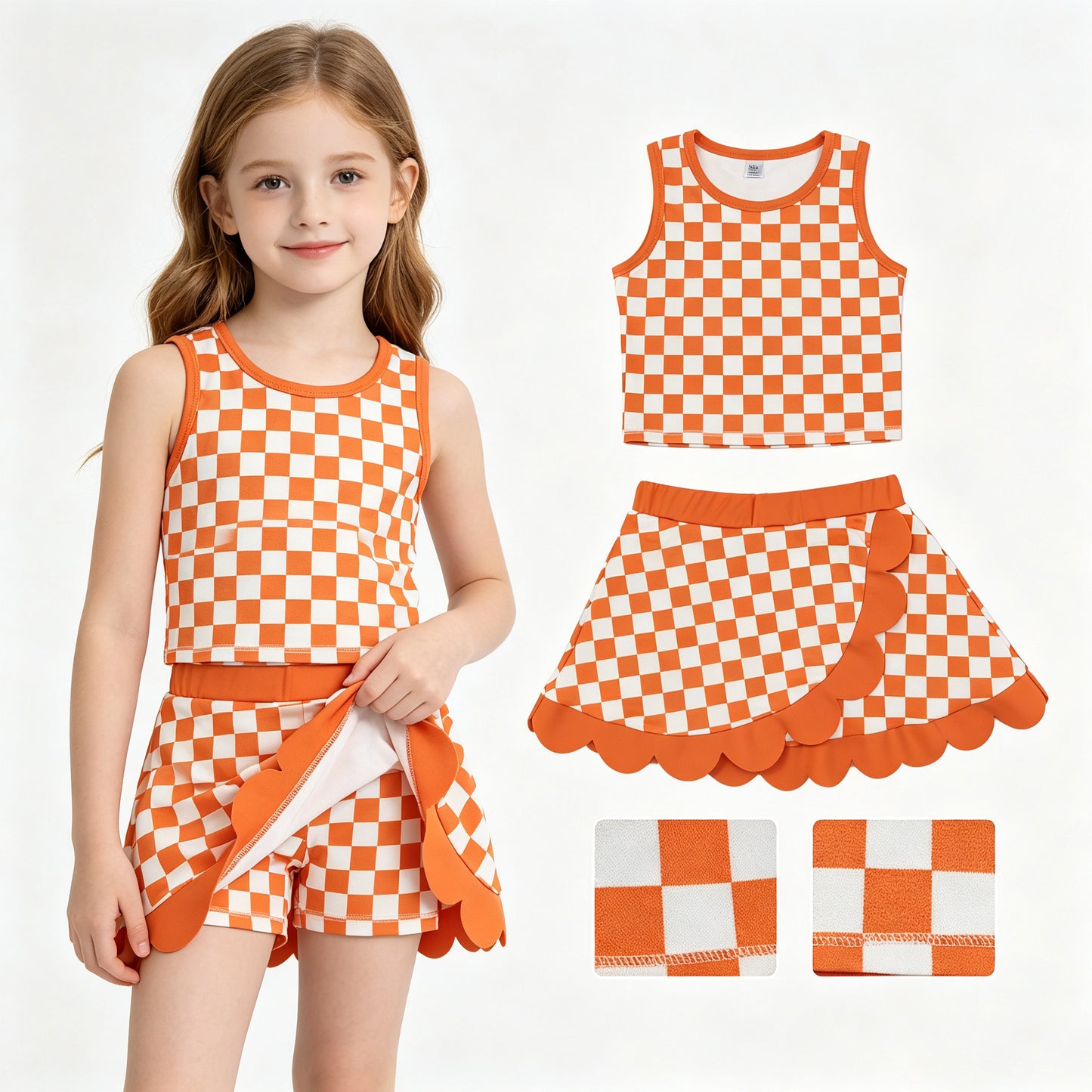 GSD4252 Orange Checkered Tank Top Scallop Edge Skort Girls Active Clothes Yoga Outfits