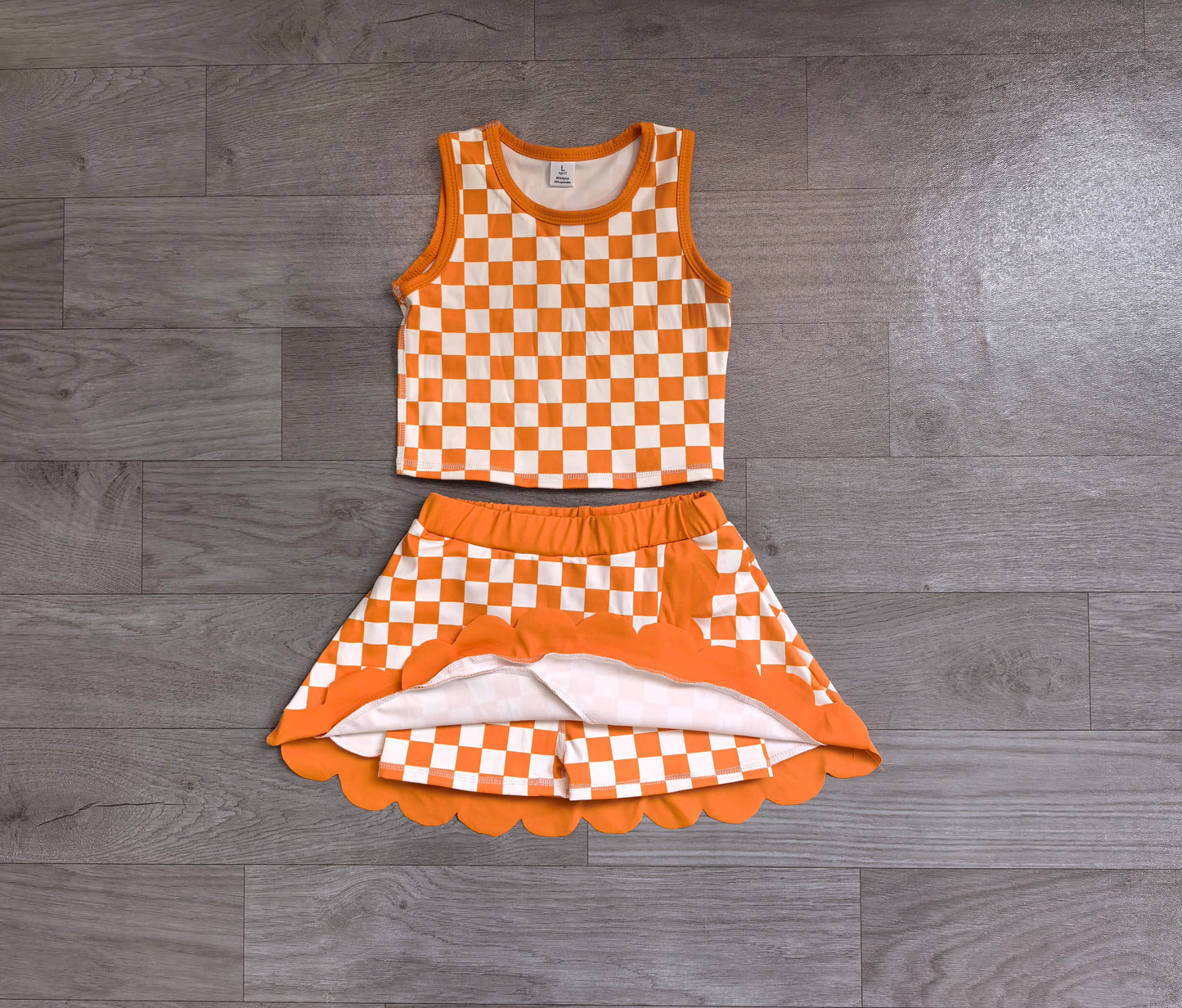 6.19 Preorder GSD4252 Teams Orange Plaid Tank Top Scallop Skort Girls Summer Yoga Clothes Set