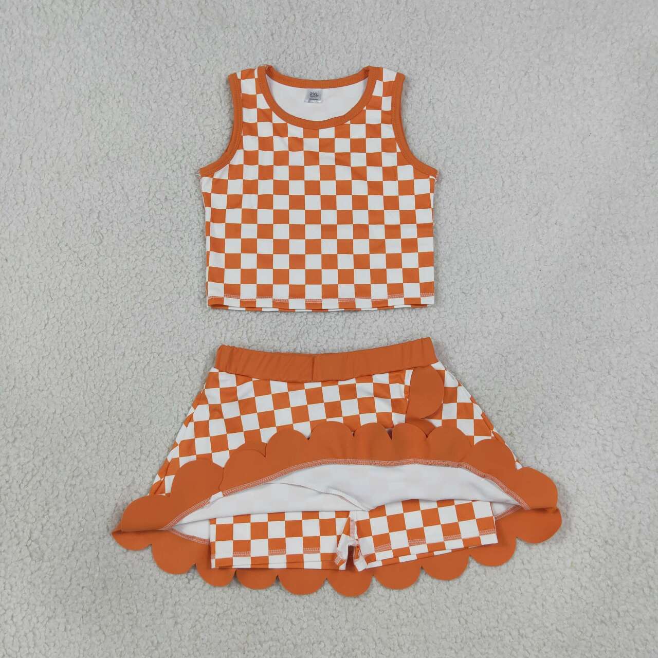 GSD4252 Orange Checkered Tank Top Scallop Edge Skort Girls Active Clothes Yoga Outfits