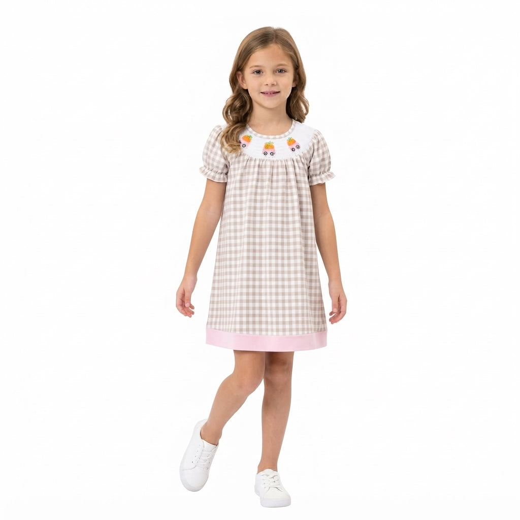 GSD4258 Pumpkin Embroidery Checkered Print Girls Knee Length Smocked Dress