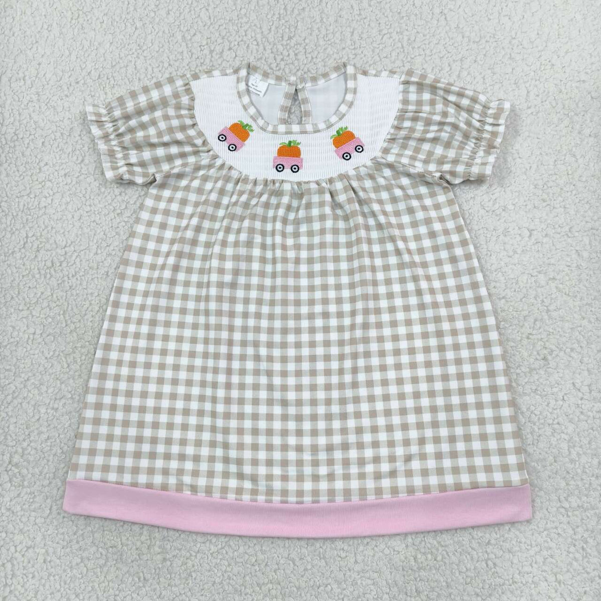 GSD4258 Pumpkin Embroidery Checkered Print Girls Knee Length Smocked Dress
