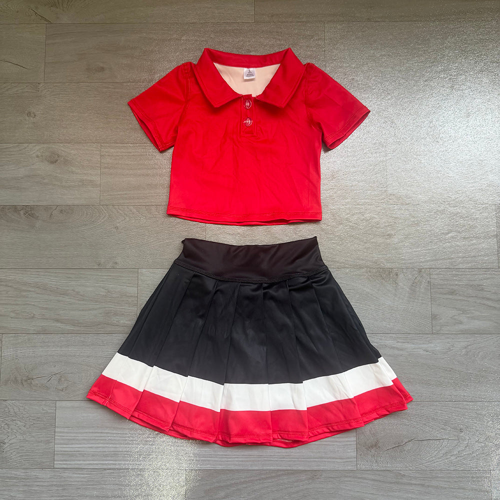 6.29 Preorder Kids Girls Red Polo Top with Black Skort Active Outfit