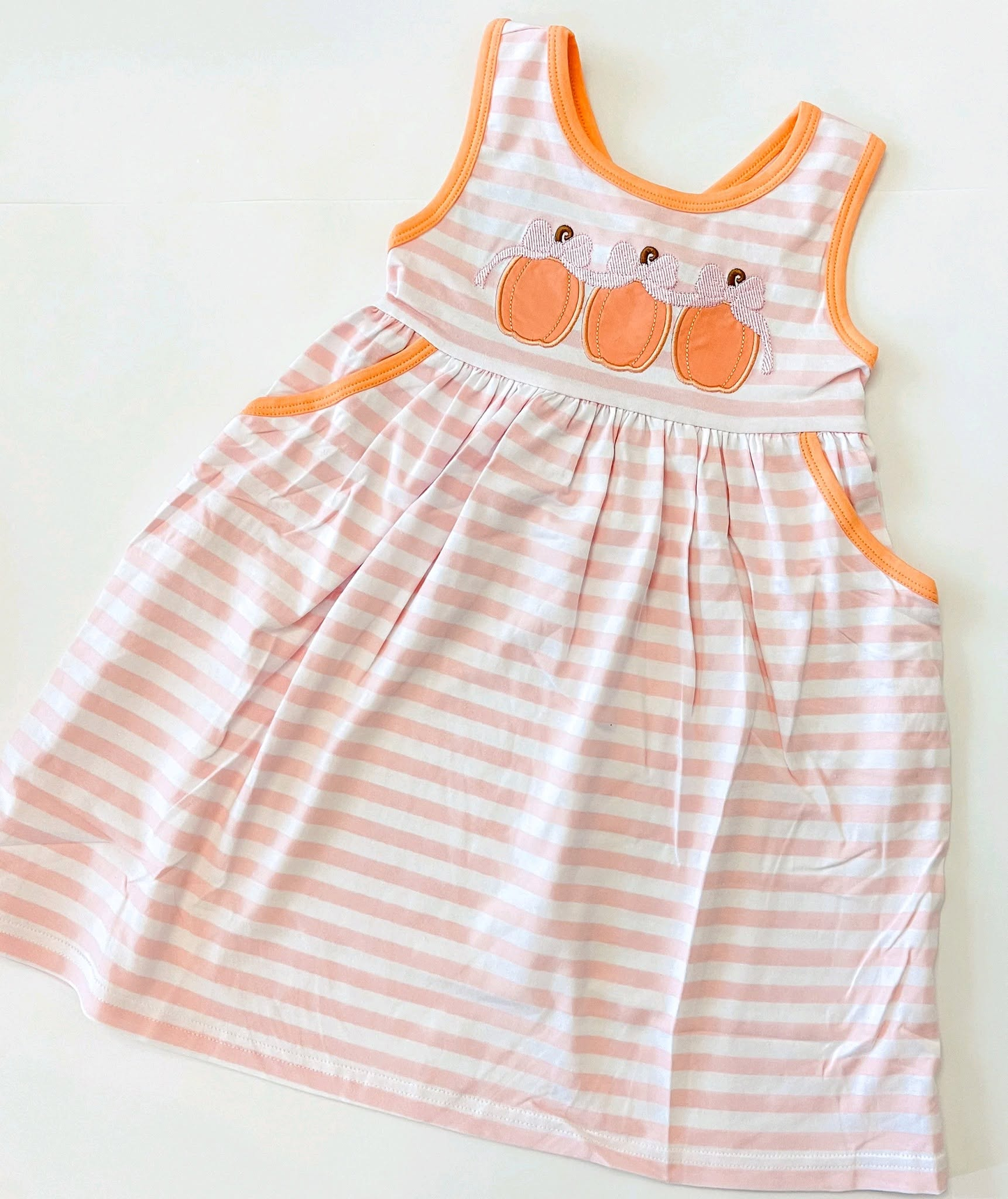 7.4 Preorder GSD4265 Pumpkin Pink Stripes Pockets Girls Fall Dress
