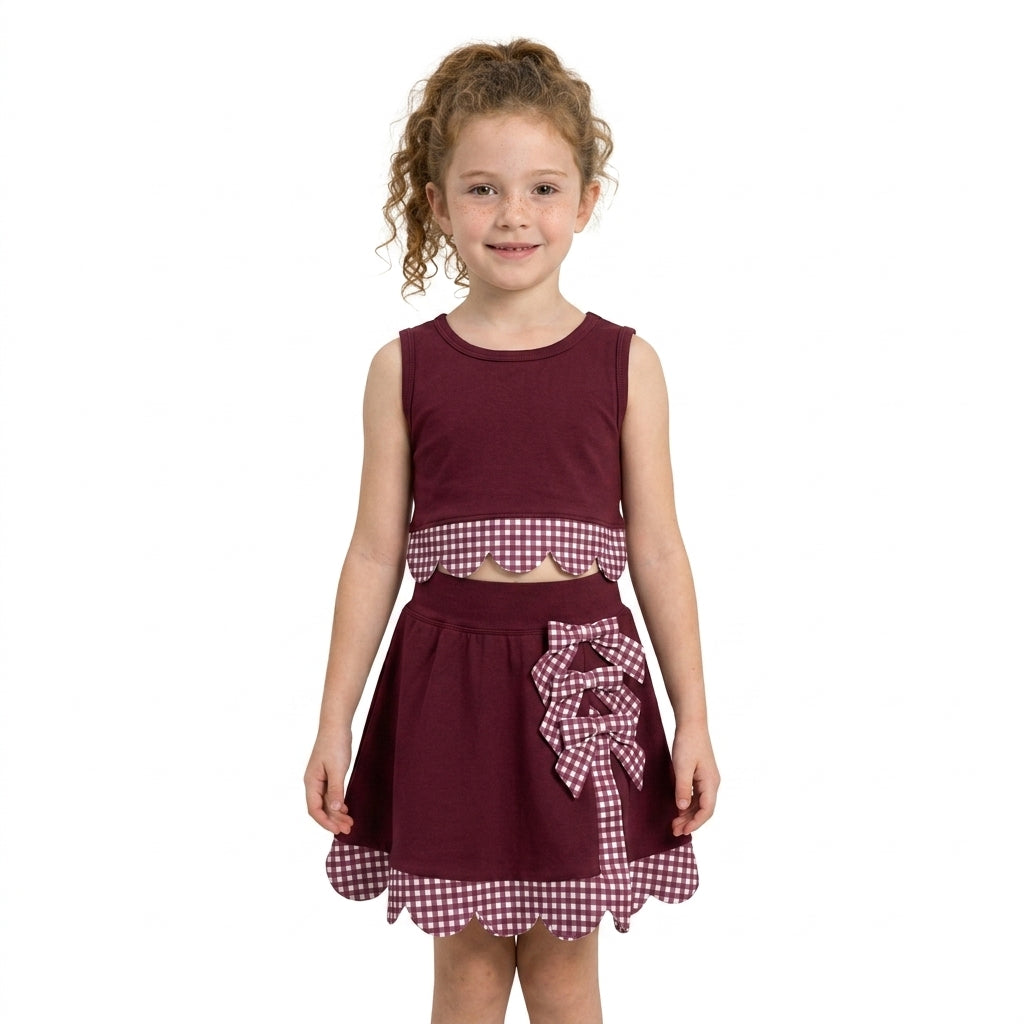 GSD4266 Burgundy Checkered Bows Girls Summer Scallop Yoga Clothes Set