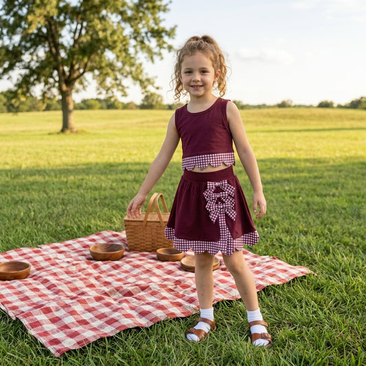 GSD4266 Burgundy Checkered Bows Girls Summer Scallop Yoga Clothes Set