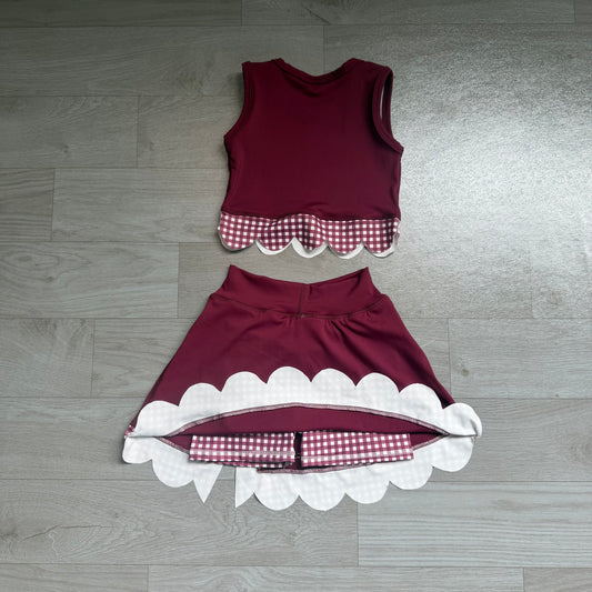 7.6 Preorder GSD4266 Girls Burgundy Gingham Scallop Trim Tank & Multi Bow Layered Skort Set