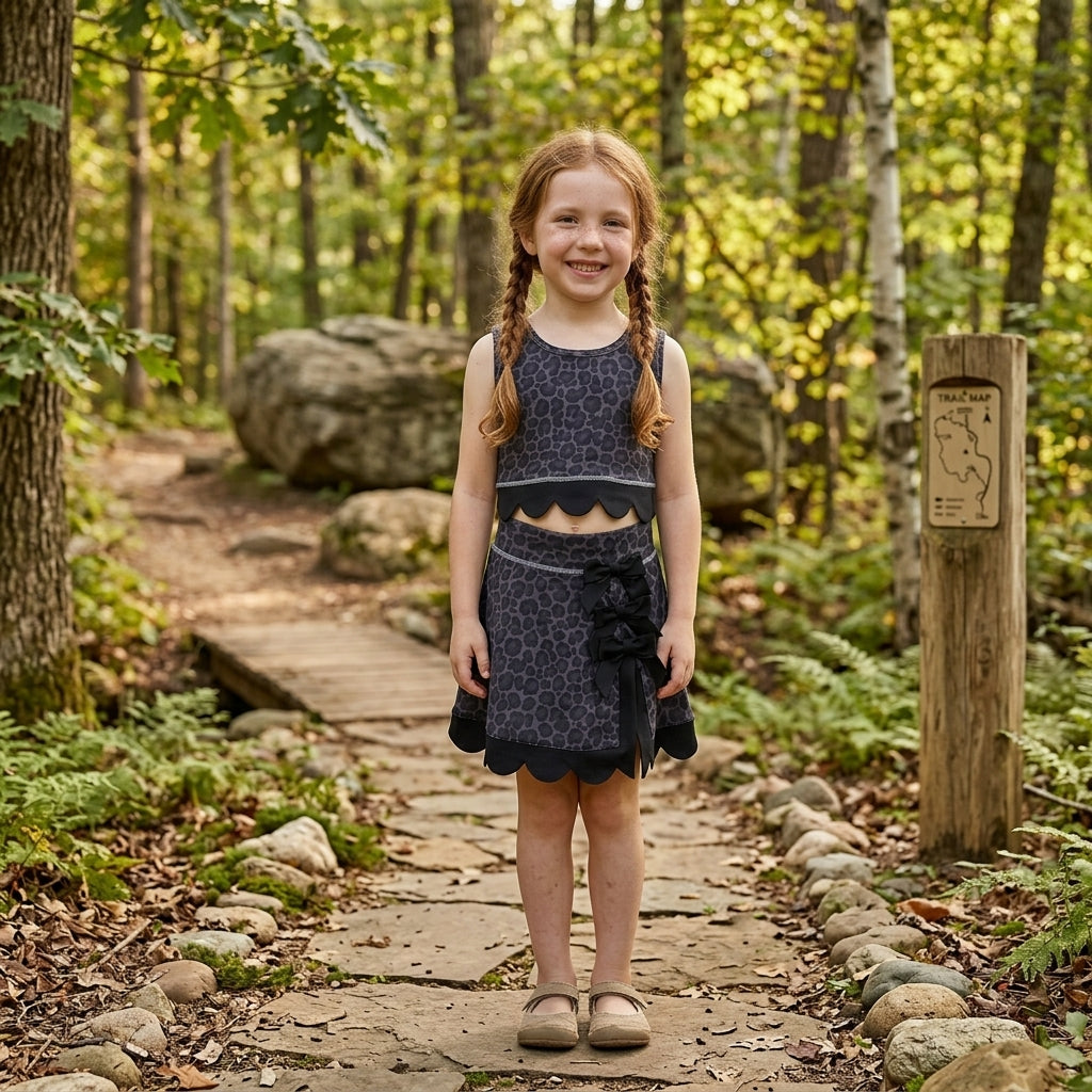 GSD4268  Black Leopard Bows Girls Summer Scallop Yoga Clothes Set