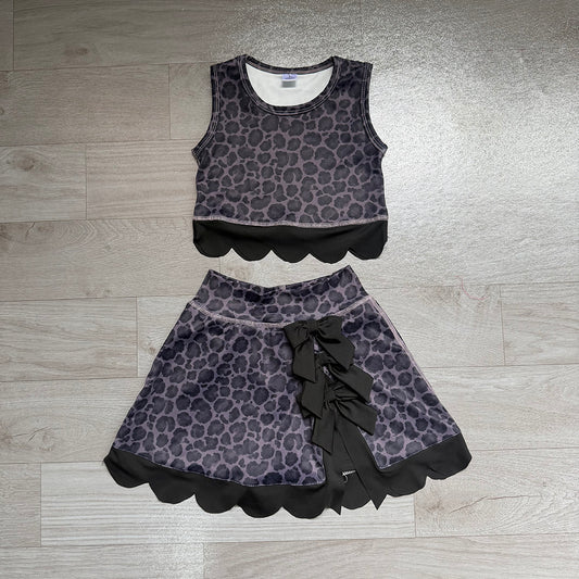 GSD4268 Preorder Black Leopard Tank Top  Scallop Skort Girls Summer Yoga Clothes Set