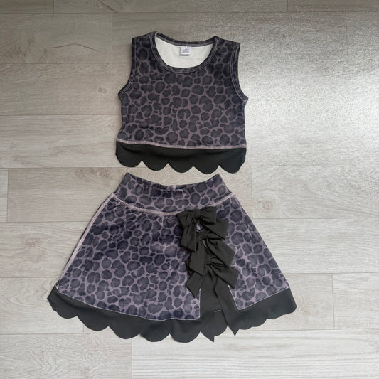 GSD4268 Preorder Black Leopard Tank Top  Scallop Skort Girls Summer Yoga Clothes Set