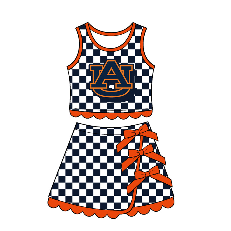 7.15 Preorder GSD4281 Kids Girls Auburn Navy Checked Orange Bow Skort Active Outfit
