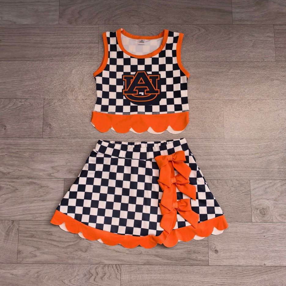7.15 Preorder GSD4281 Kids Girls Auburn Navy Checked Orange Bow Skort Active Outfit