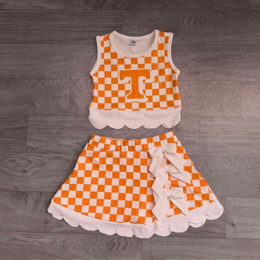 7.15 Preorder  Kids Girls Tennessee Orange Checked White Bow Skort Active Outfit