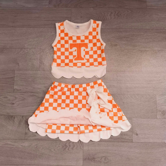 7.15 Preorder  Kids Girls Tennessee Orange Checked White Bow Skort Active Outfit