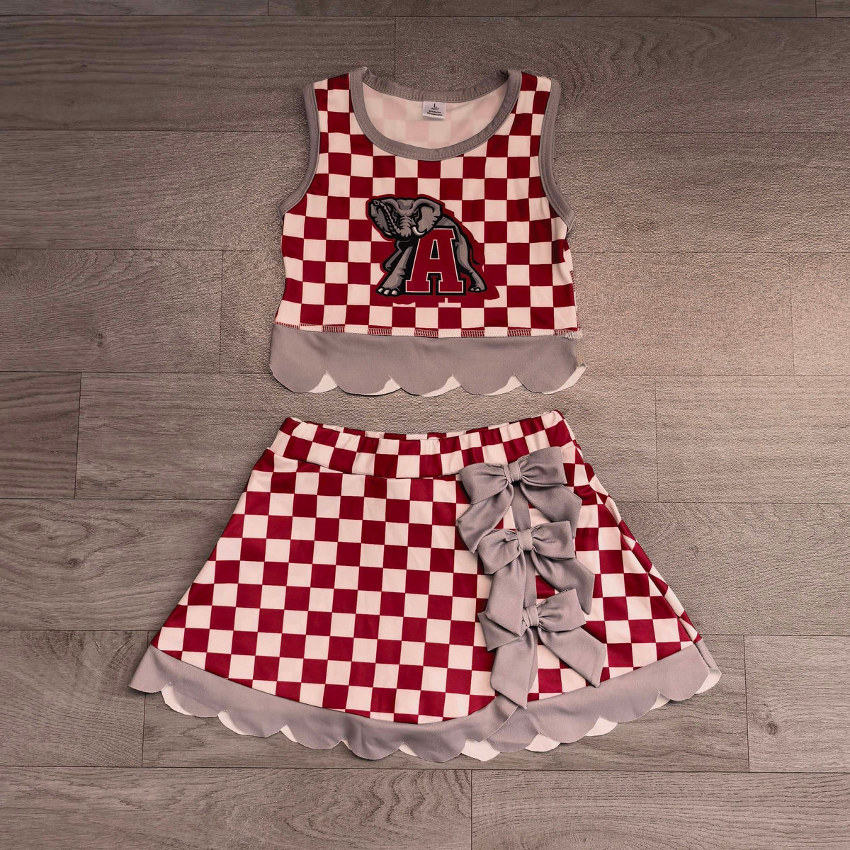 7.15 Preorder  Kids Girls Alabama Red Checked Tank Top Grey Bow Skort Active Outfit