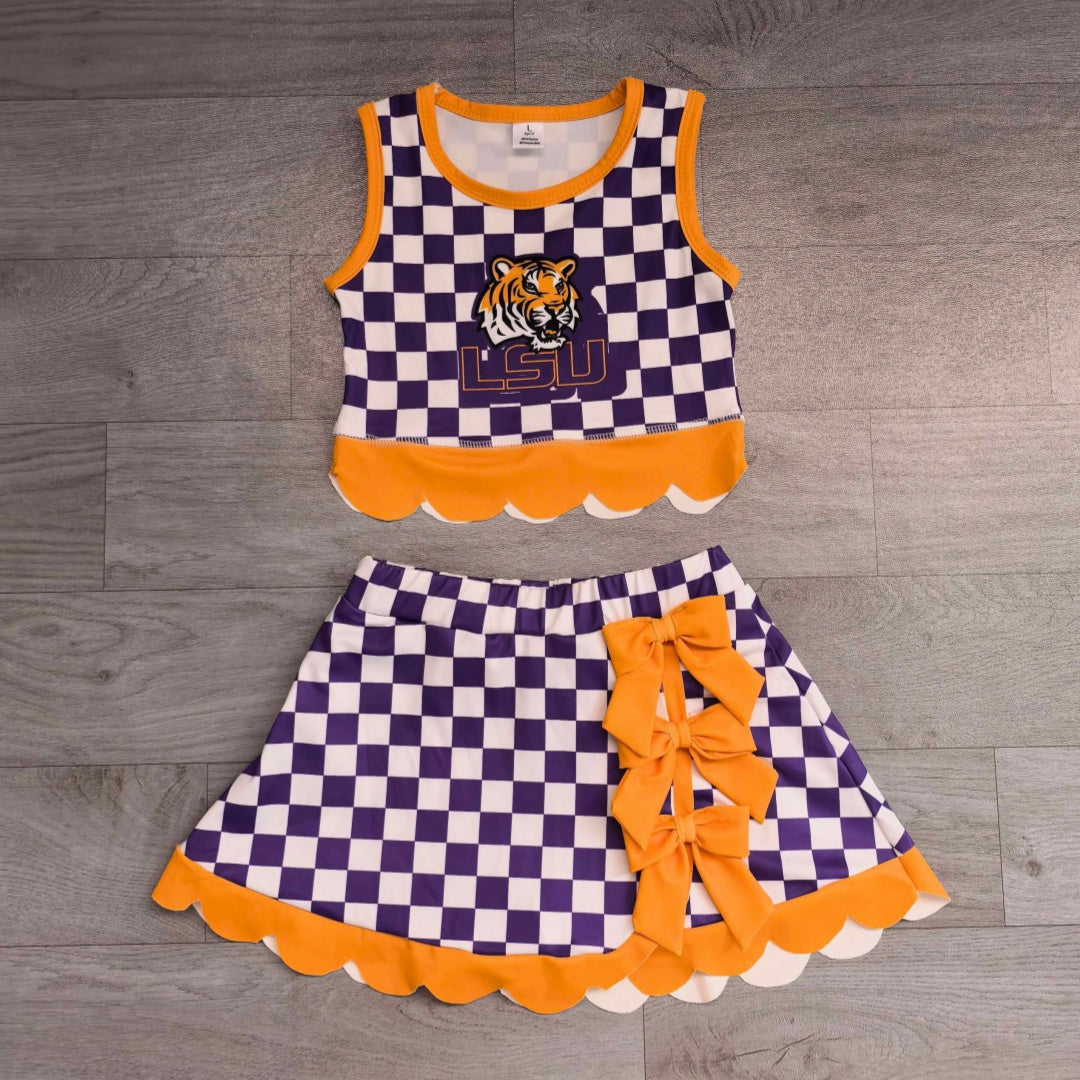 7.15 Preorder  Kids Girls LSU Purple Checked Tank Top Yellow Bow Skort Active Outfit