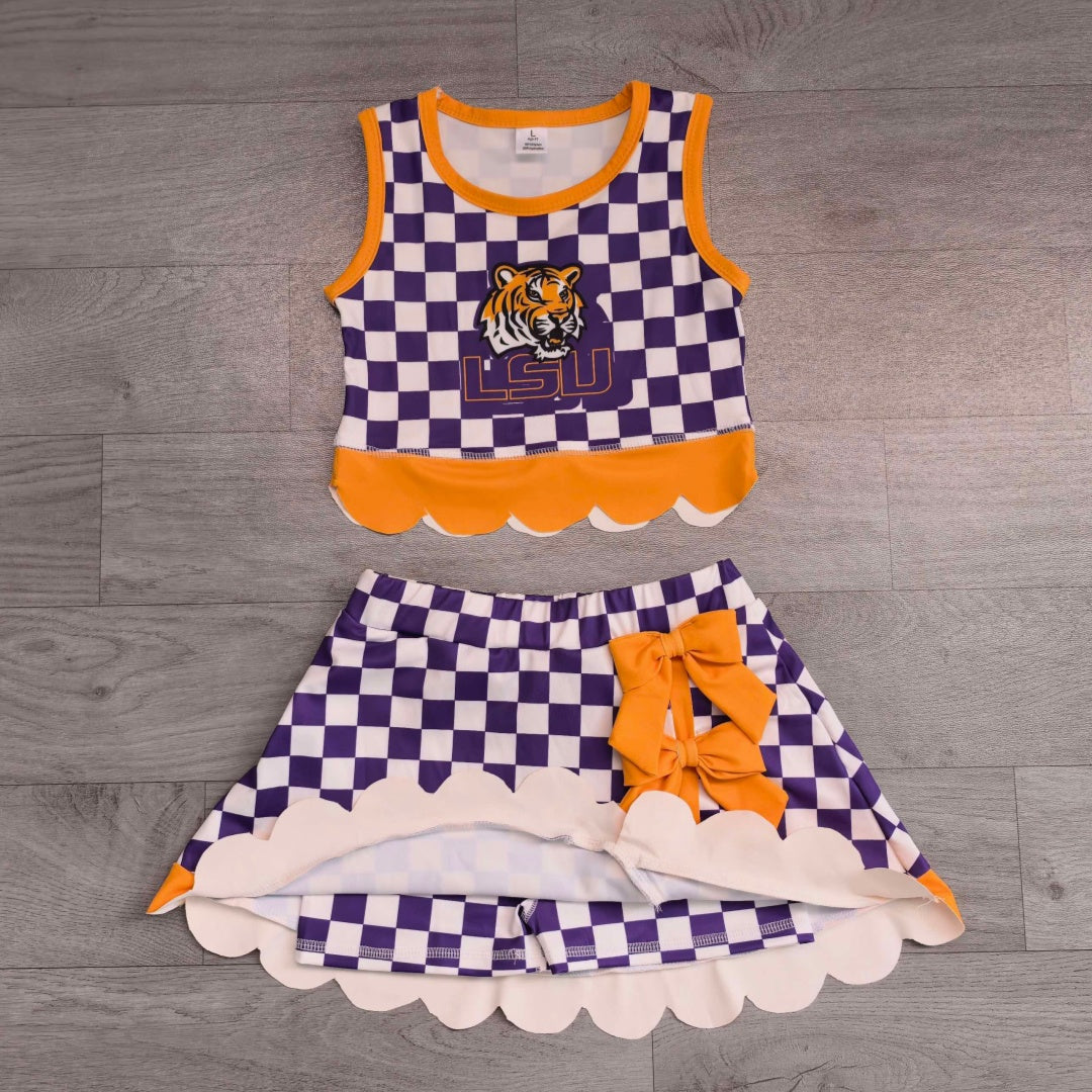 7.15 Preorder  Kids Girls LSU Purple Checked Tank Top Yellow Bow Skort Active Outfit