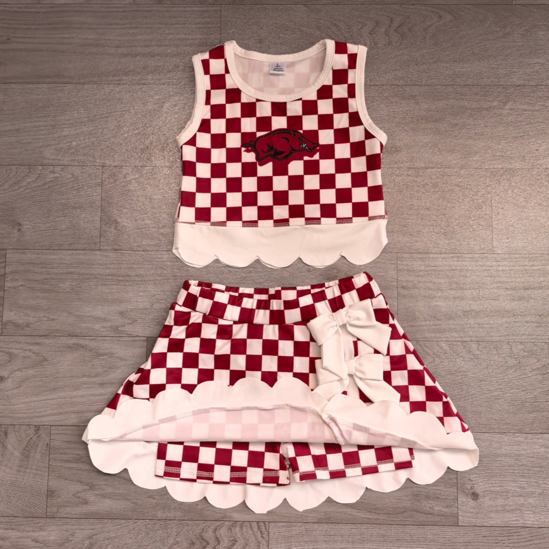 7.15 Preorder  Kids Girls  Arkansas Checked Tank Top White Bow Skort Active Outfit