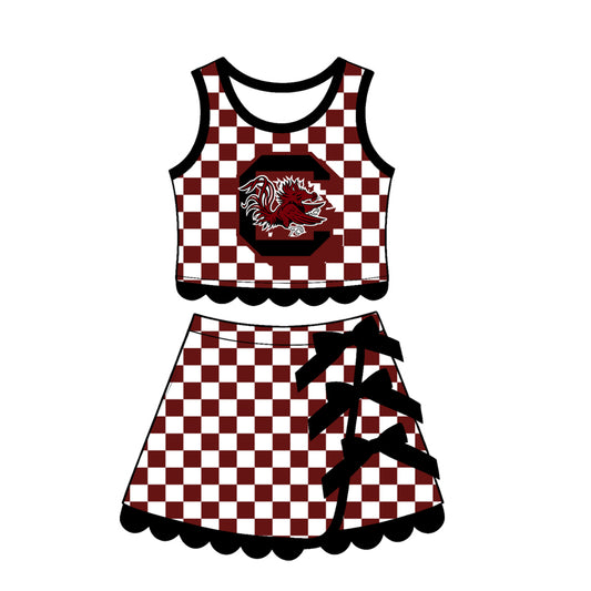 7.15 Preorder  Kids Girls Gamecocks Checked Tank Top Black Bow Skort Active Outfit