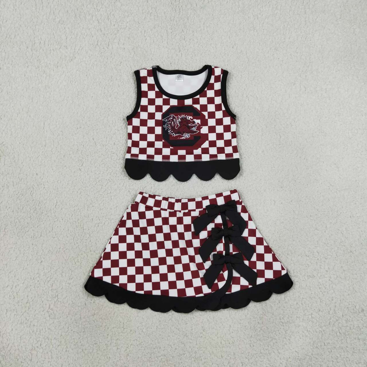 GSD4288 Teams Gamecocks Checkered Tank Top Black Bow Skort Girls Active Outfit