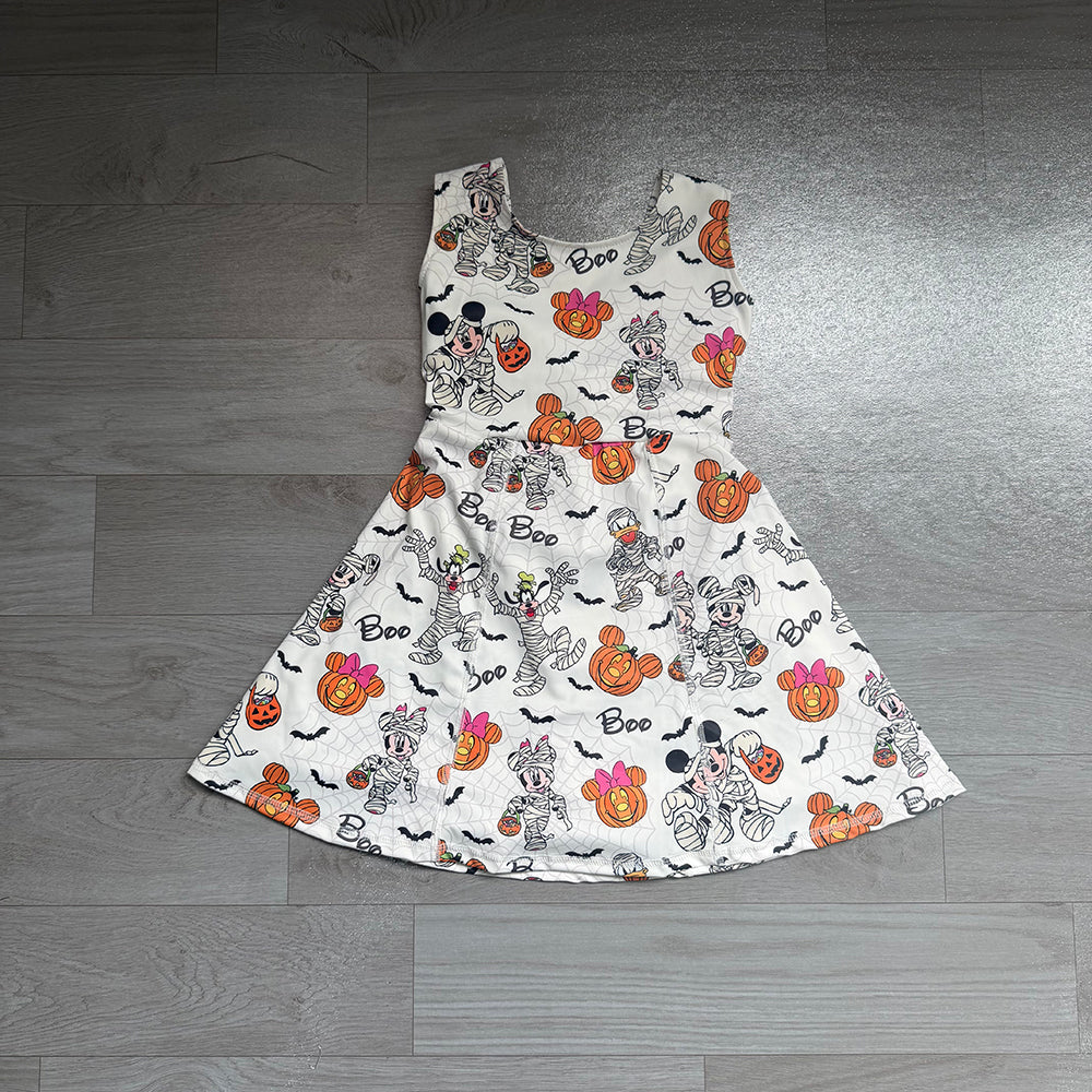 7.21 GSD4291 Preorder Cartoon Mouse BOO Print Girls Halloween Sleeveless Backless Yoga Dress