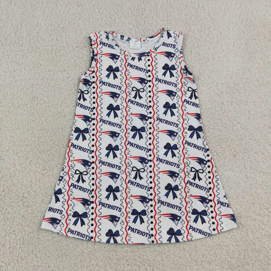 GSD4293 Teams PATRIOTS Bows Print Girls Sleeveless Knee Length Dress