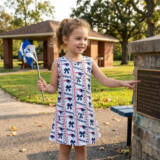 GSD4293 Teams PATRIOTS Bows Print Girls Sleeveless Knee Length Dress