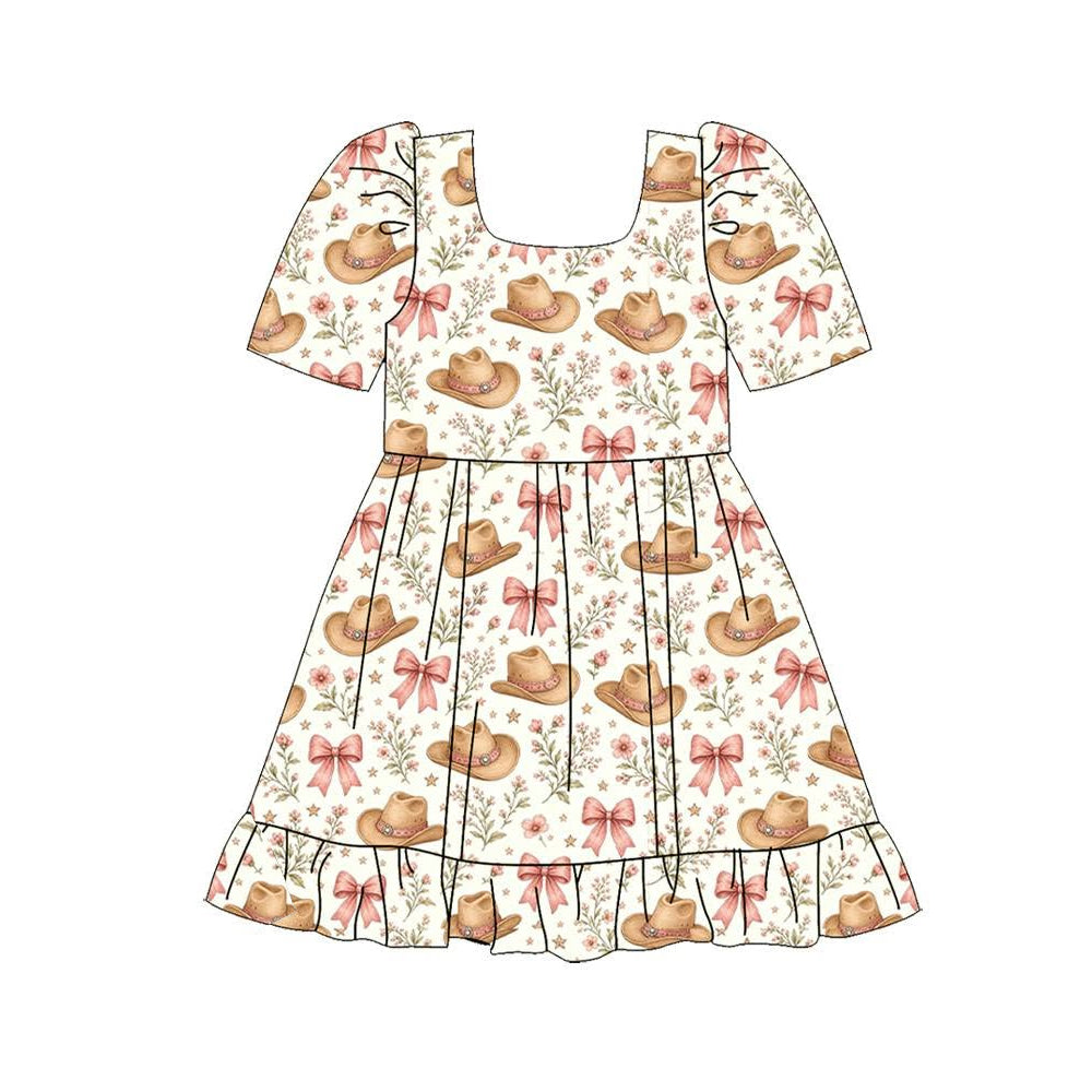 7.29 GSD4296 Preorder Hat Bows Flowers Print Girls Knee Length Dress