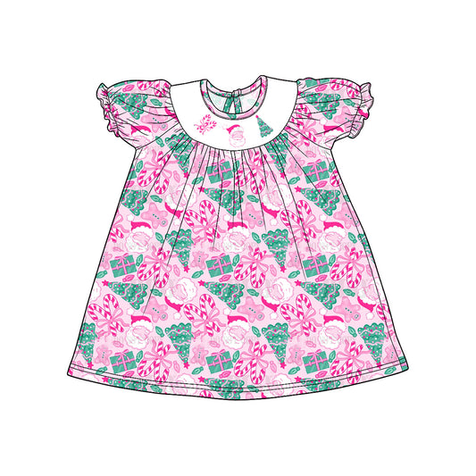 8.15 GSD4306 Preorder Santa Candy Cane Tree Pink Print Girls Christmas Knee Length Dress