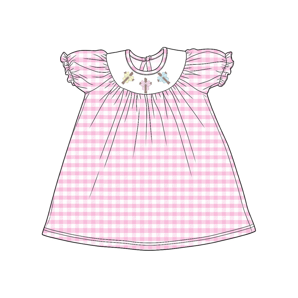 8.15 GSD4307 Preorder Cross Bows Pink Checkered Print Girls Easter Knee Length Dress