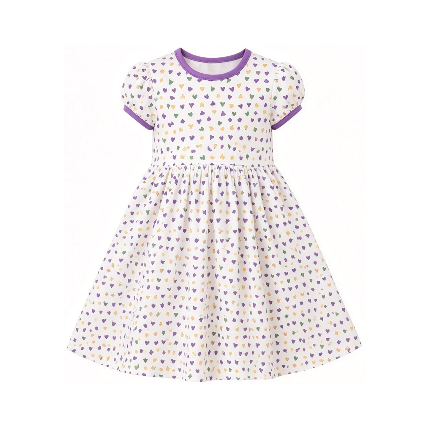 9.2 GSD4313 Preorder Purple Green Yellow Hearts Print Girls Mardi Gras Knee Length Dress