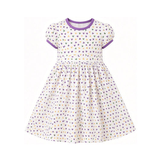 9.2 GSD4313 Preorder Purple Green Yellow Hearts Print Girls Mardi Gras Knee Length Dress