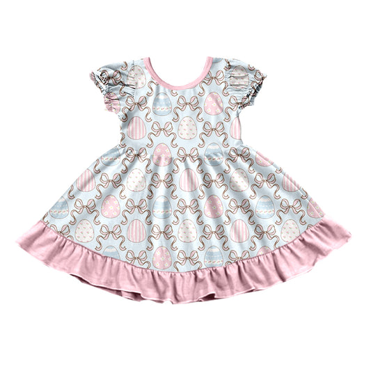9.4 GSD4320 Preorder Eggs Bows Print Girls Easter Knee Length Dress