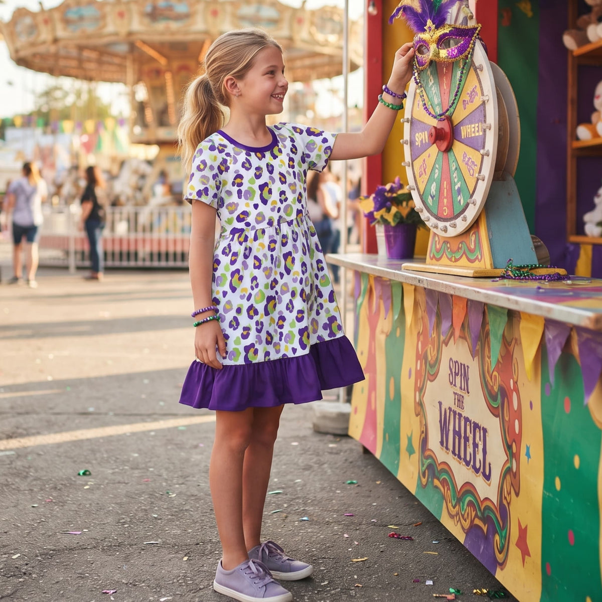 Purple Leopard Print Girls Mardi Gras Knee Length Dress