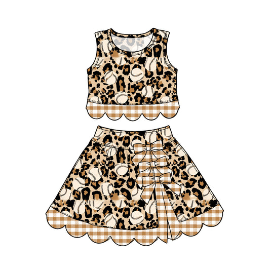 9.25 GSD4330 Preorder Kids Girls Baseball Leopard Gingham Bow Active Skort Outfit