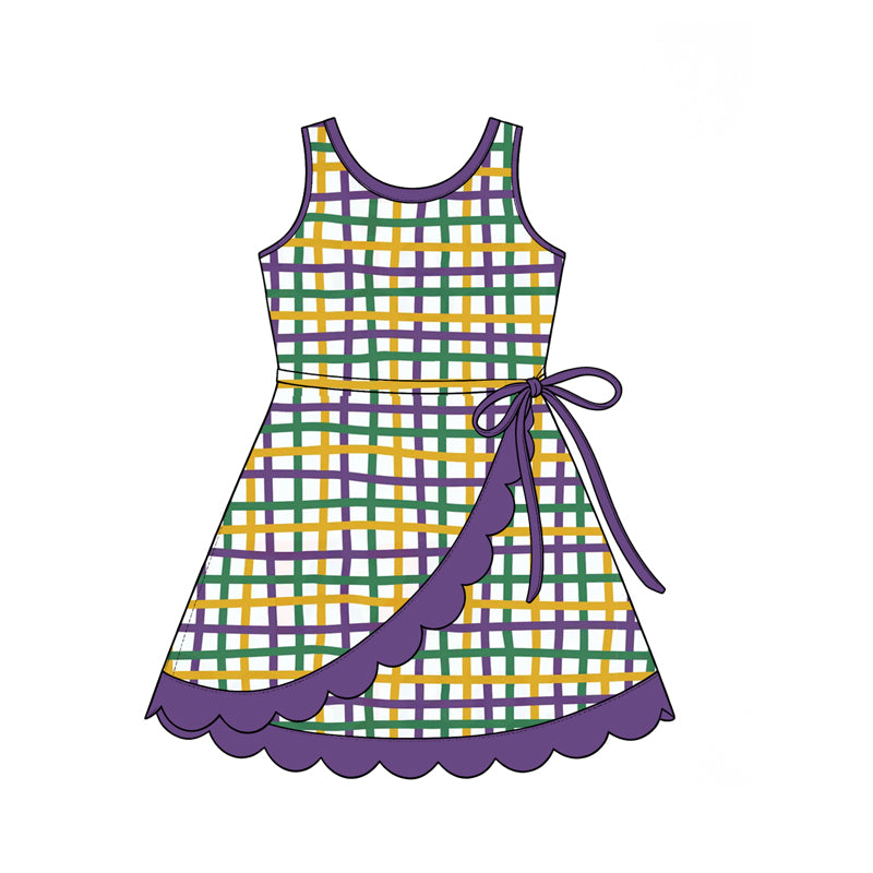 10.6 GSD4333 Preorder Purple Yellow Green Checkered Print Girls Mardi Gras Scallop Yoga Dress