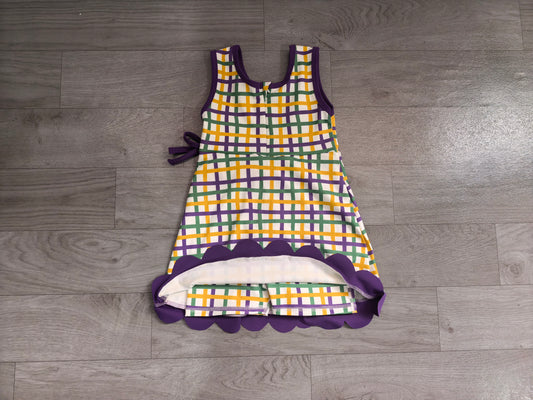 10.6 GSD4333 Preorder Purple Yellow Green Checkered Print Girls Mardi Gras Scallop Yoga Dress