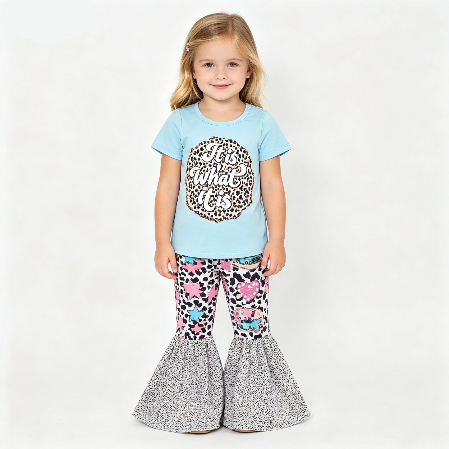 (Promotion)Stars Leopard Print Short sleeve bell bottom pants girls outfits  GSPO0002
