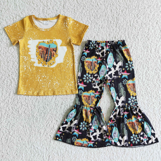 (Promotion)Cactus Short sleeve turquoise bell bottom pants outfits  GSPO0025